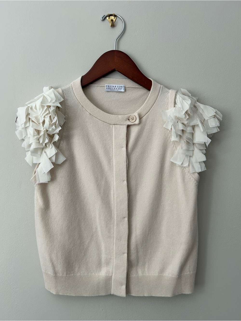 Brunello Cucinelli 100% Cashmere XS Ivory Cardigan Detachable Floral Shoulders